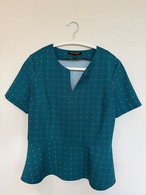 Banana Republic Teal Short-Sleeve Peplum Top with Micro Print
